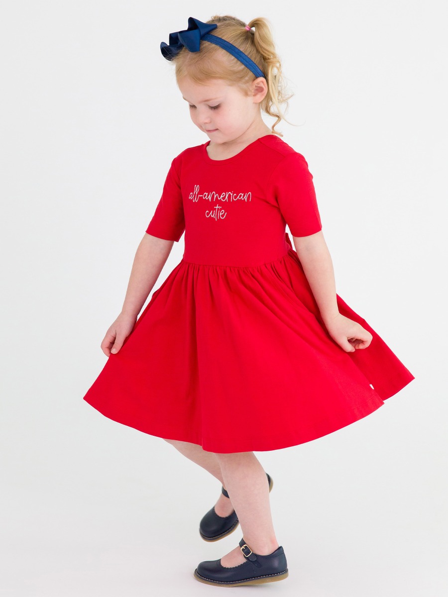 All-American Cutie Embroidered Red Knit Short Sleeve Twirl Dress