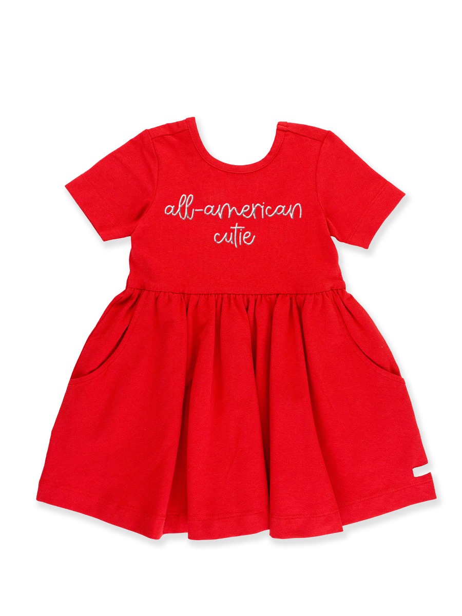 All-American Cutie Embroidered Red Knit Short Sleeve Twirl Dress
