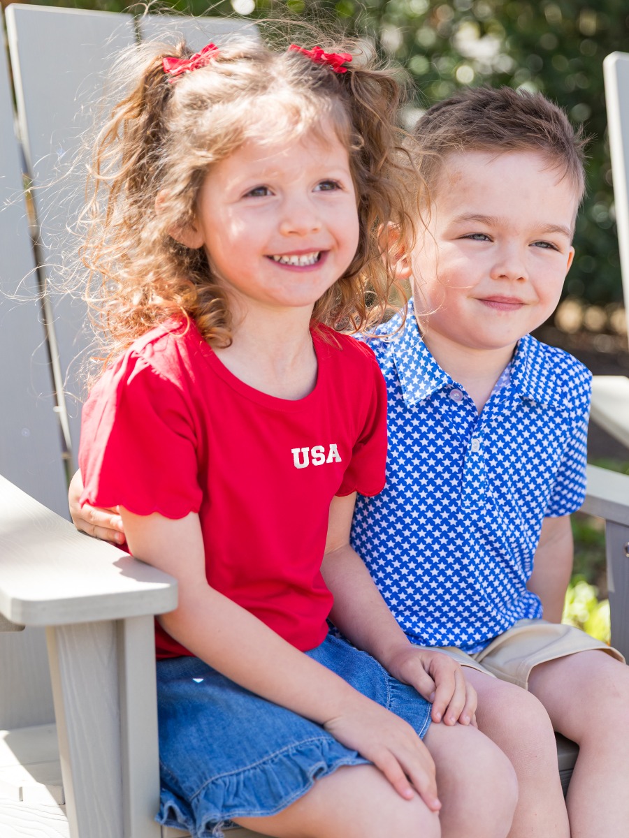 White USA Embroidered Red Short Sleeve Scallop Tee