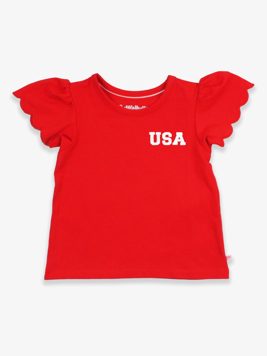 White USA Embroidered Red Short Sleeve Scallop Tee