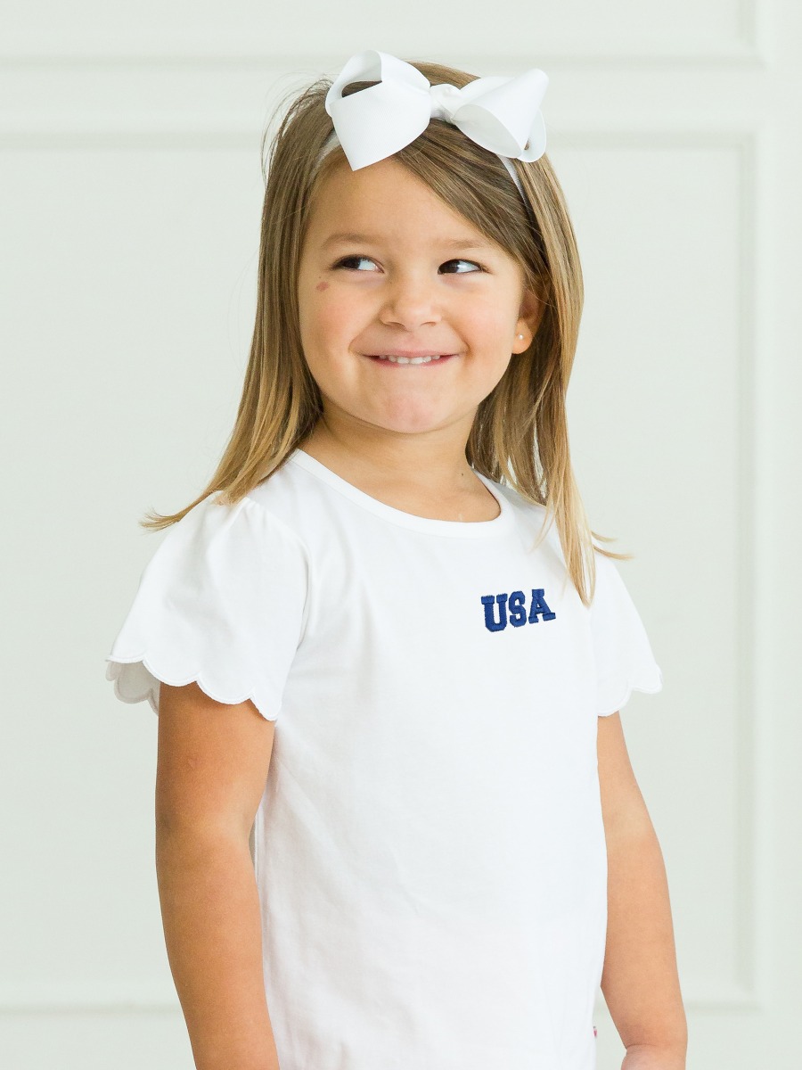 Blue USA Embroidered White Short Sleeve Scallop Tee
