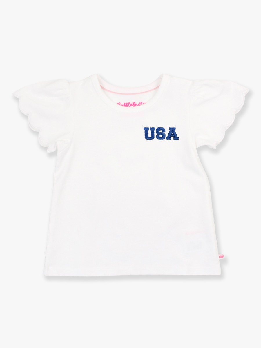 Blue USA Embroidered White Short Sleeve Scallop Tee