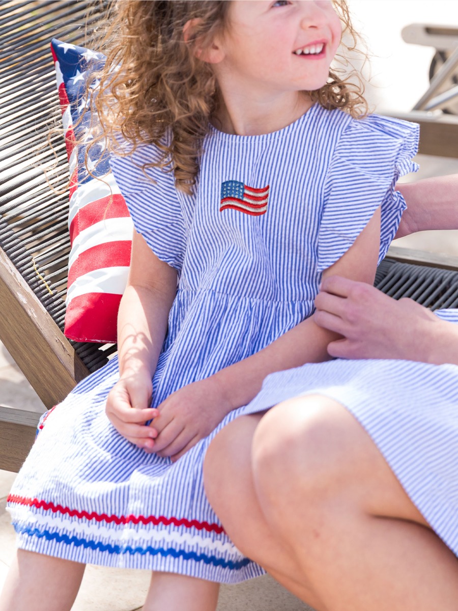 American Flag Embroidered Blue Seersucker Woven Butterfly Sleeve Bow Dress