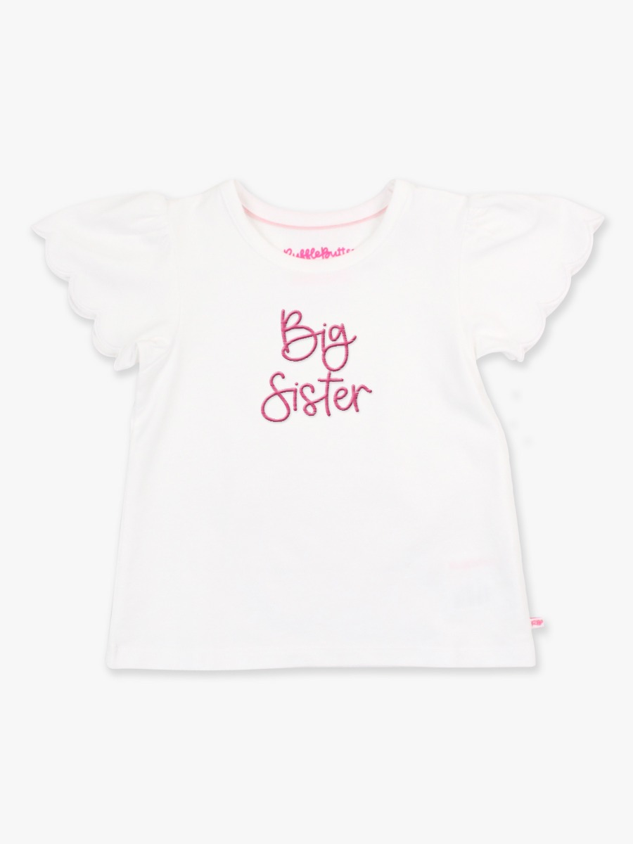 Hot Pink Big Sister Embroidered White Short Sleeve Scallop Tee