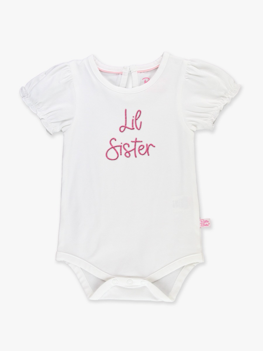Hot Pink Lil Sister Embroidered White Puff Sleeve Bodysuit