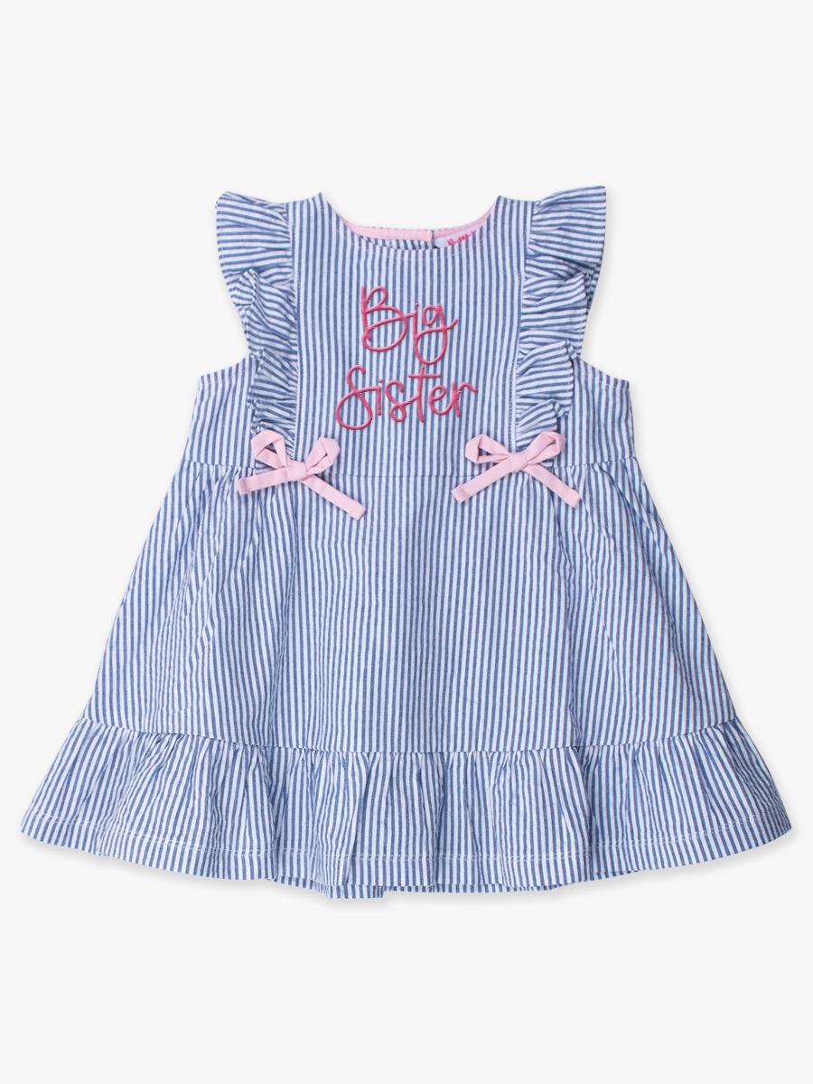 Hot Pink Big Sister Embroidered Classic Blue Seersucker Sleeveless Pinafore Bow Dress