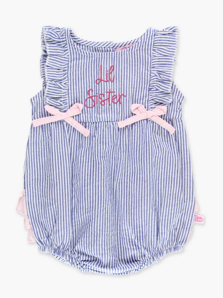 Red Lil Sister Embroidered Classic Blue Seersucker Ruffle Romper