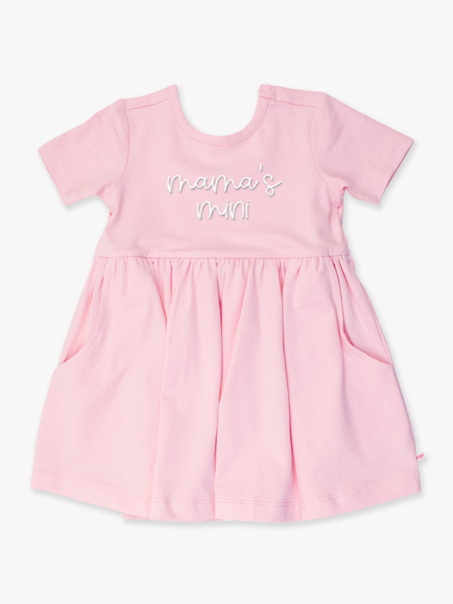White mama's mini Embroidered Pink Knit Short Sleeve Twirl Dress