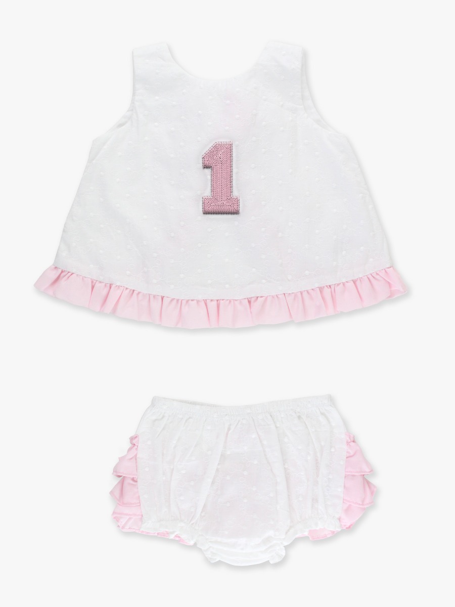 Pink Number 1 EmbroideredSwiss Dot Swing Top and Bloomer Set