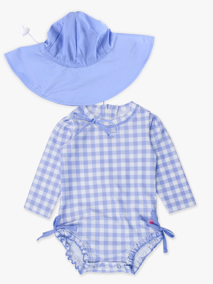 Periwinkle Blue Sun Protective Hat + Periwinkle Blue Gingham One Piece Rash Guard Set