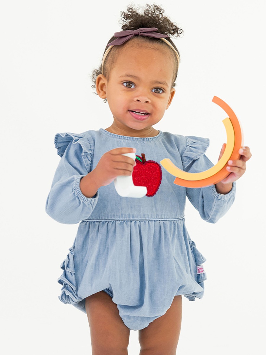 Red Apple Embroidered Light Wash Long Sleeve Flutter Bubble Romper