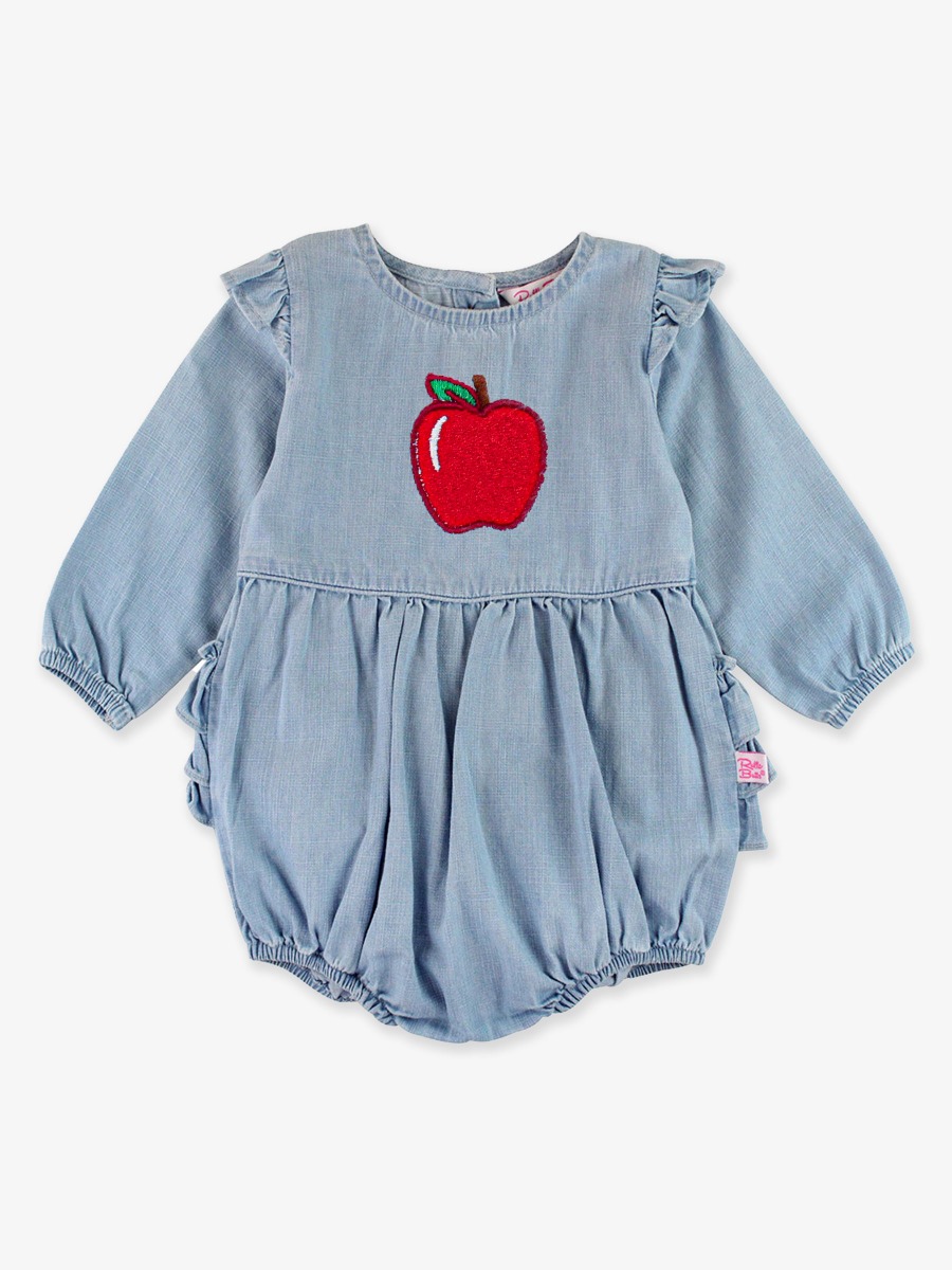 Red Apple Embroidered Light Wash Long Sleeve Flutter Bubble Romper