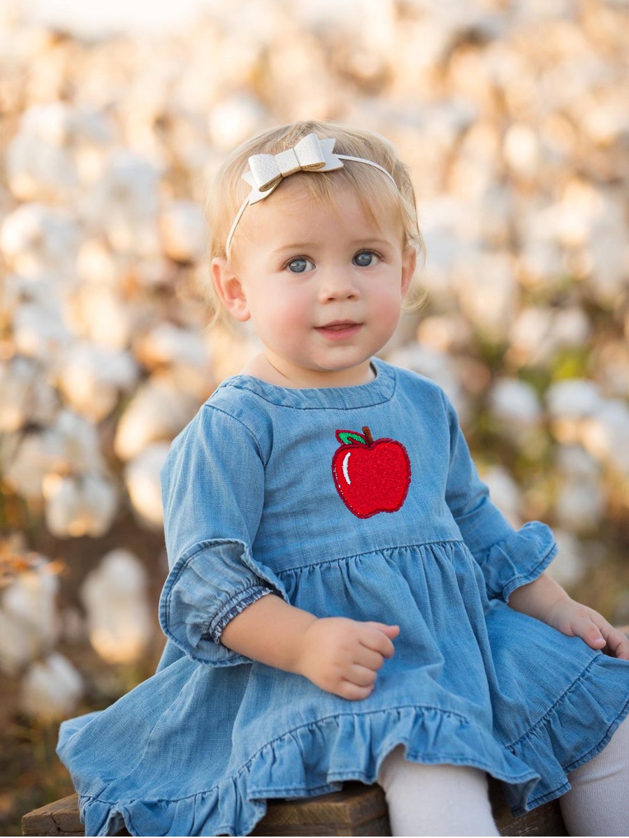 Red Apple Embroidered Light Wash Stretch Denim High Low Ruffle Tunic