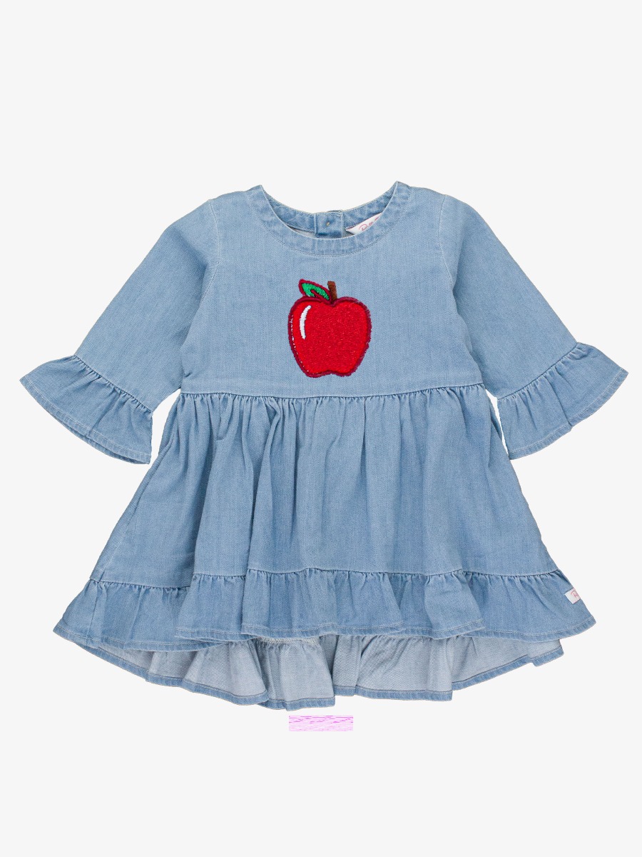 Red Apple Embroidered Light Wash Stretch Denim High Low Ruffle Tunic
