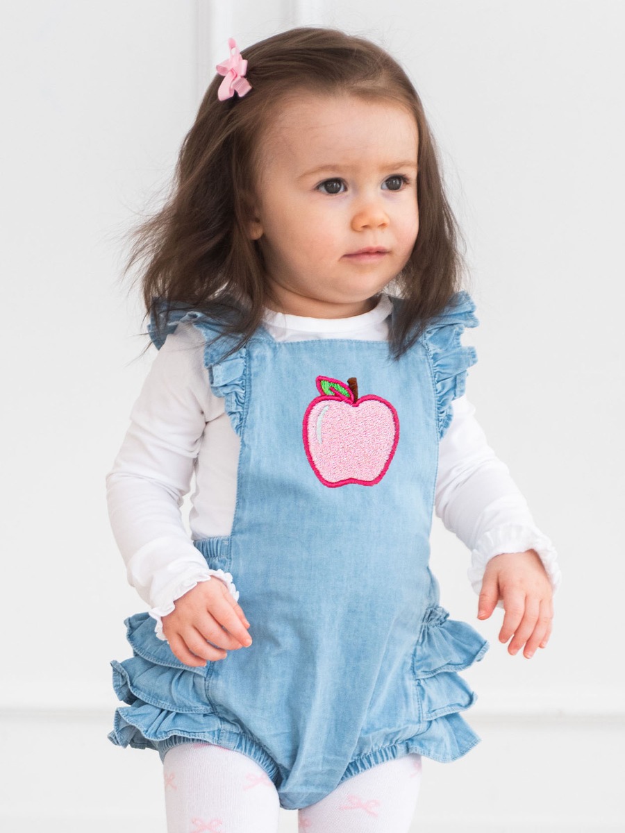 Pink Apple Embroidered Light Wash Flutter Overall Romper