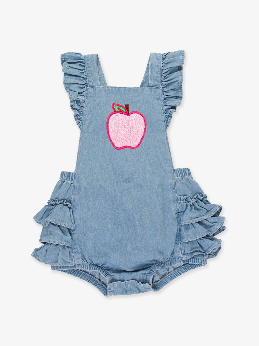 Pink Apple Embroidered Light Wash Flutter Overall Romper