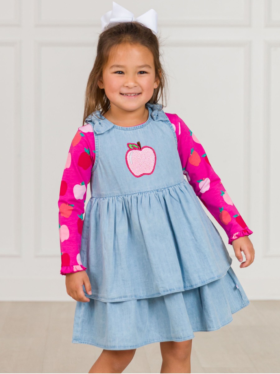 Pink Apple Embroidered Light Wash Woven Bow Jumper Dress