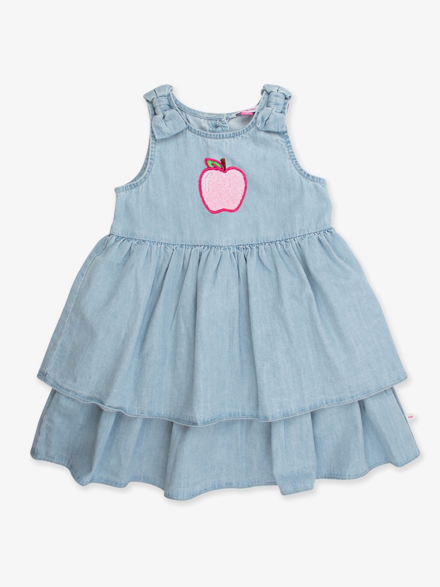 Pink Apple Embroidered Light Wash Woven Bow Jumper Dress