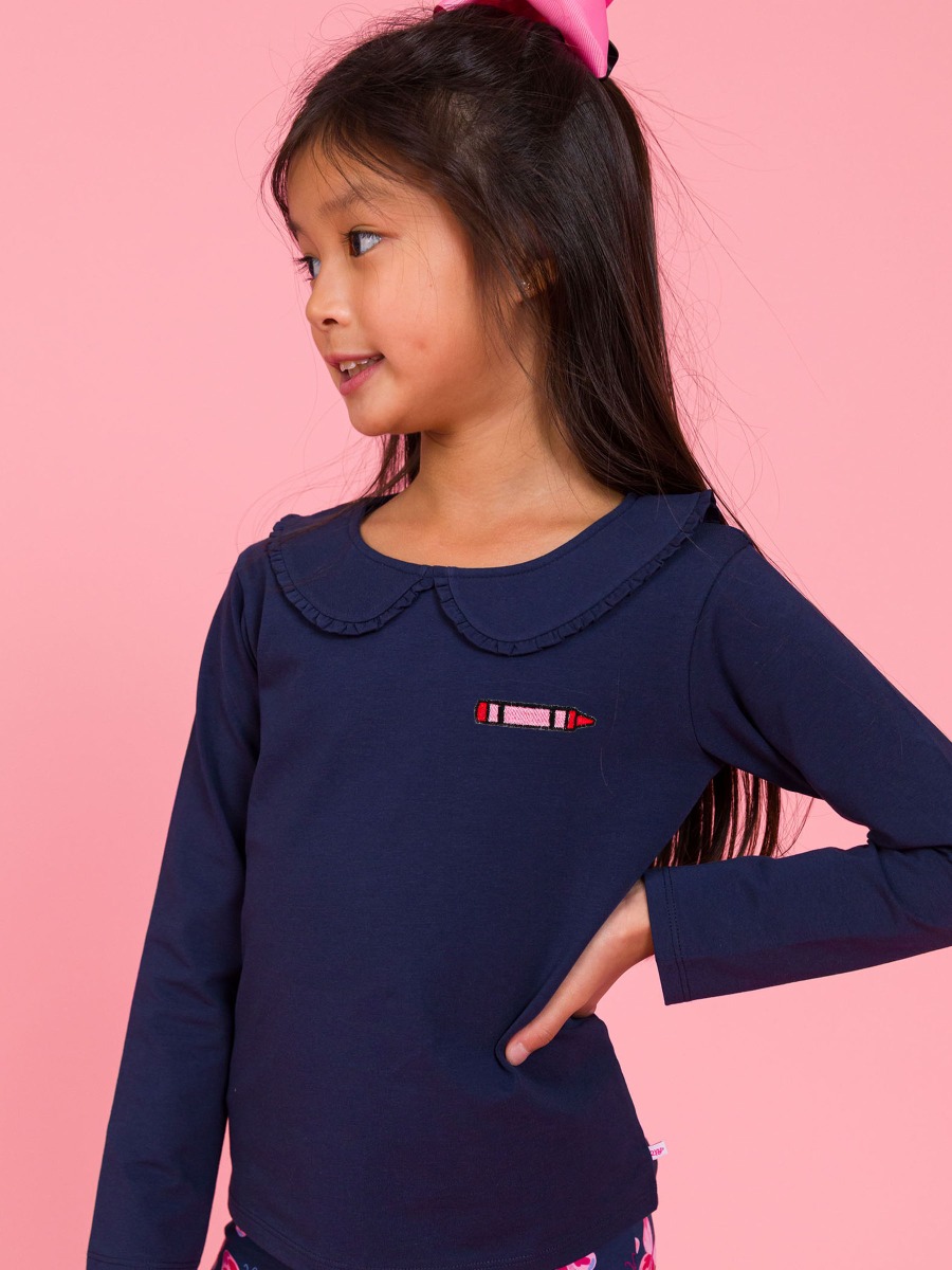 Crayon Embroidered Dark Navy Knit Long Sleeve Ruffle Peter Pan Tee