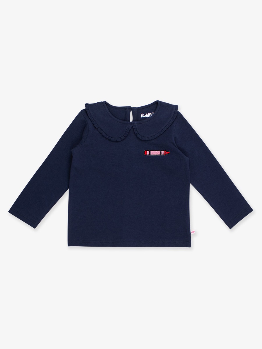 Crayon Embroidered Dark Navy Knit Long Sleeve Ruffle Peter Pan Tee