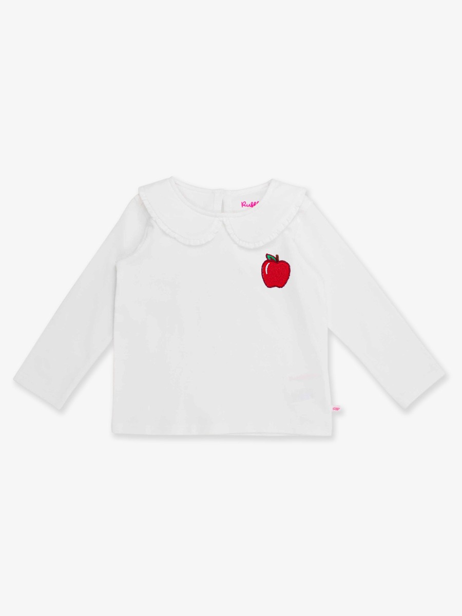 Red Apple Embroidered White Knit Long Sleeve Ruffle Peter Pan Tee