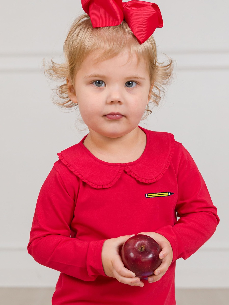 Pencil Embroidered Red Knit Long Sleeve Ruffle Peter Pan Tee