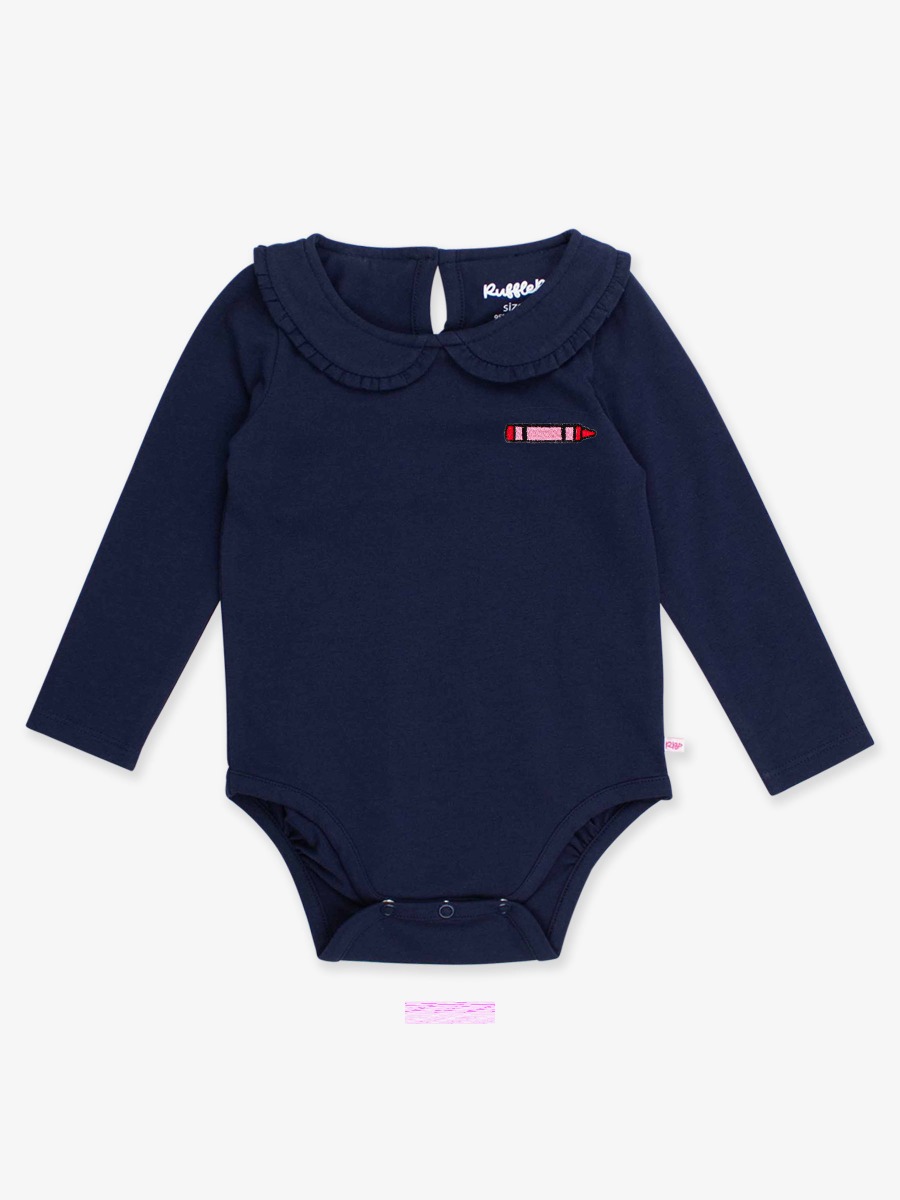 Crayon Embroidered Dark Navy Knit Long Sleeve Ruffle Peter Pan Bodysuit