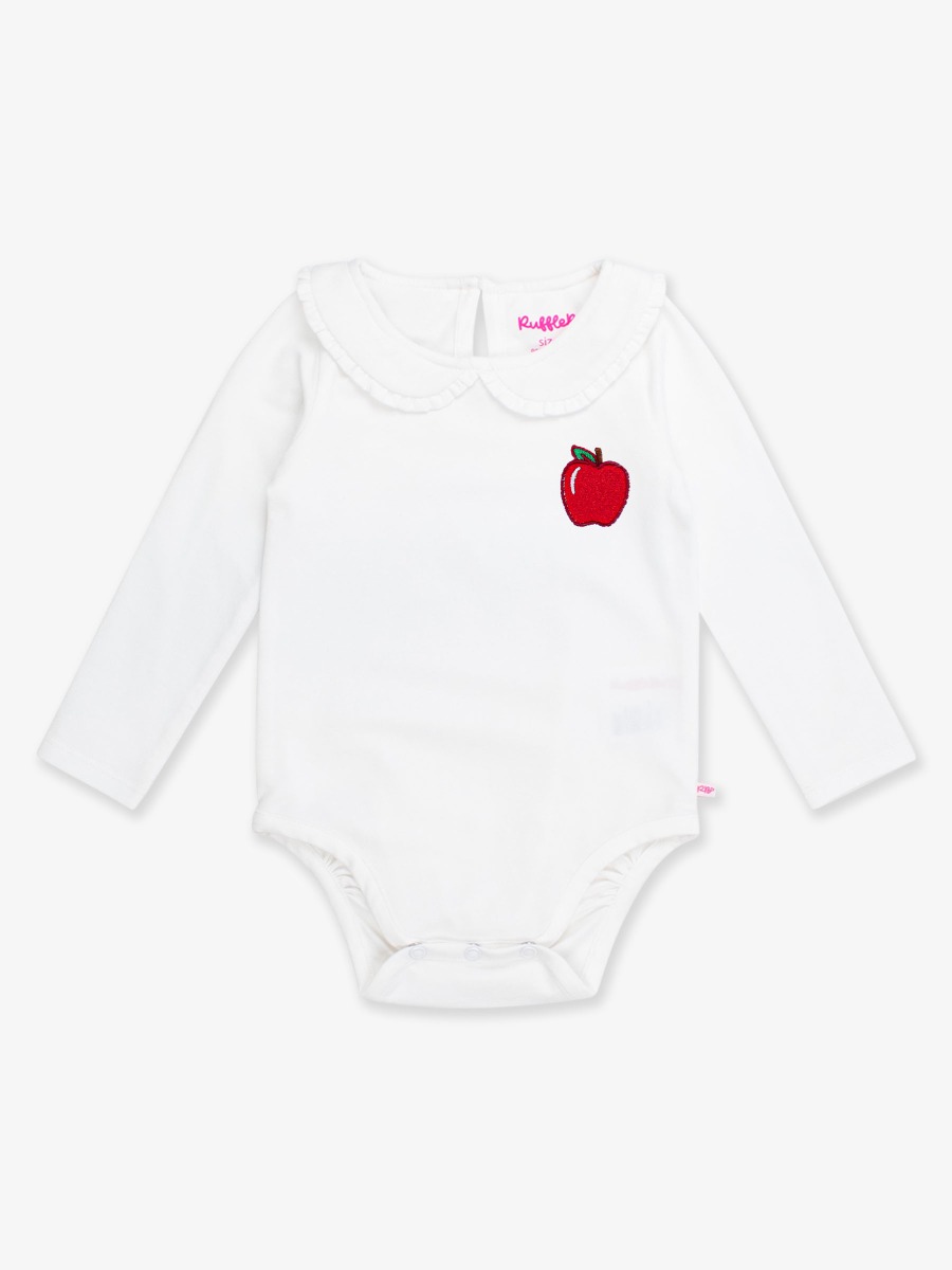 Red Apple Embroidered White Knit Long Sleeve Ruffle Peter Pan Bodysuit