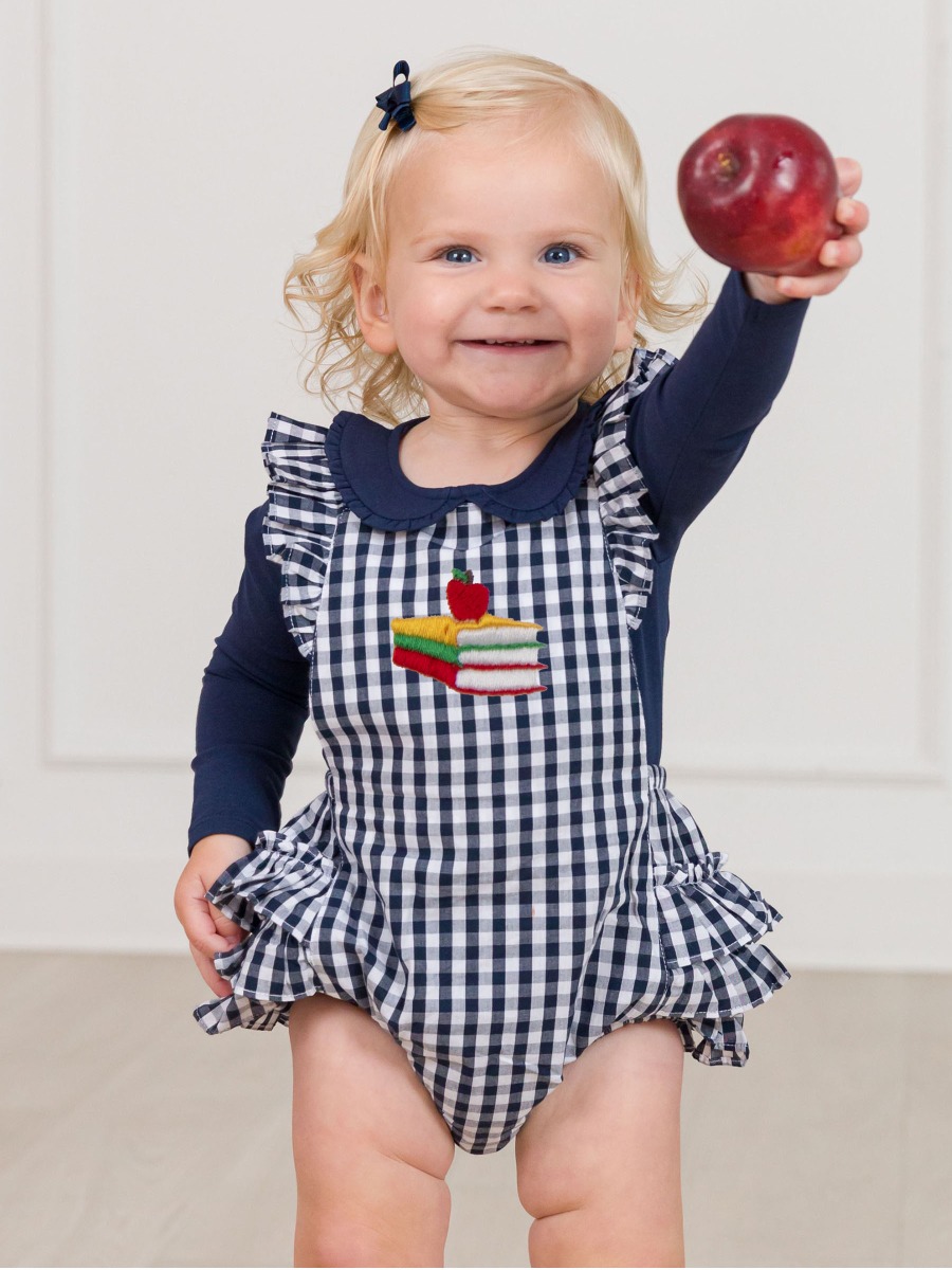 Apple Books Embroidered Classic Dark Navy Gingham Flutter Overall Romper