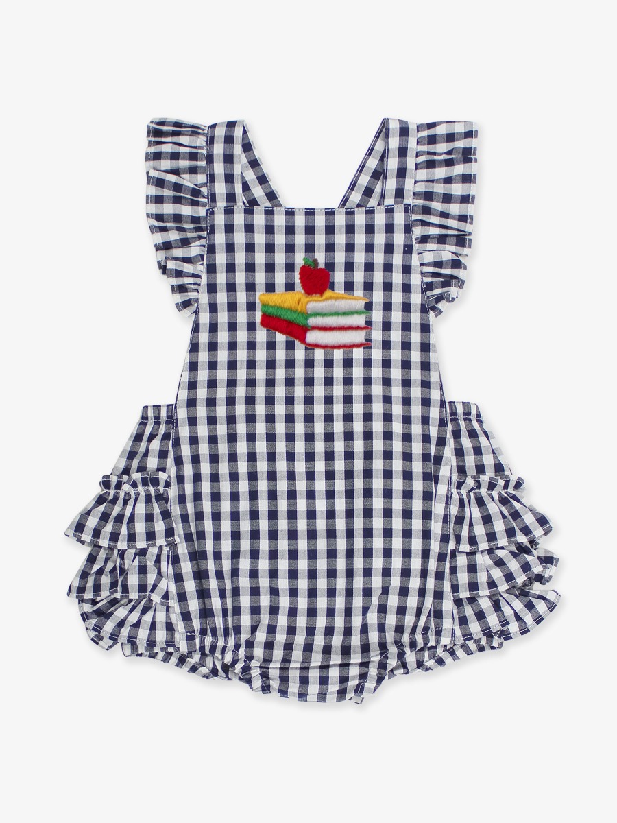 Apple Books Embroidered Classic Dark Navy Gingham Flutter Overall Romper