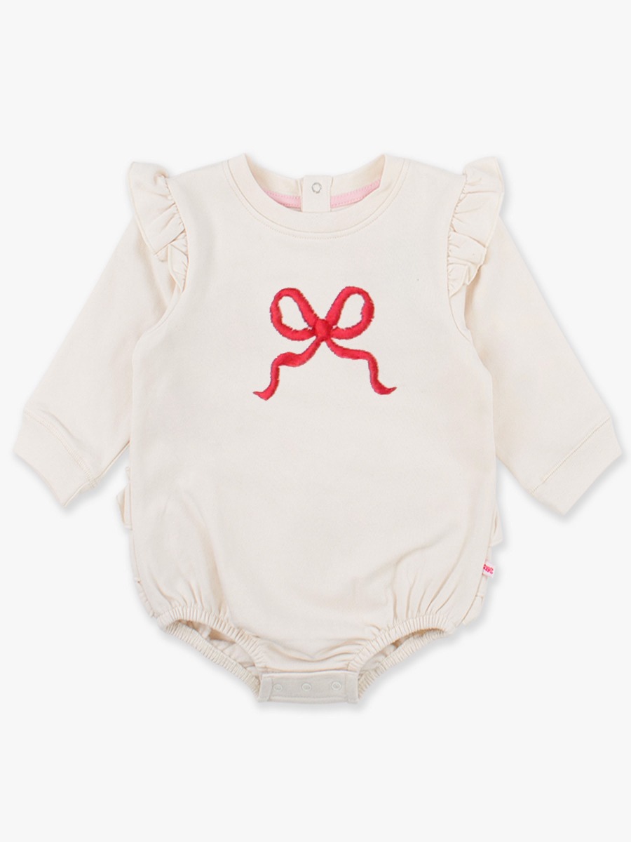 Line drawing of Red Bow Embroidered Ivory Sweatshirt Bubble Romper. A dotted circle indicates the approximate location for personalization.
