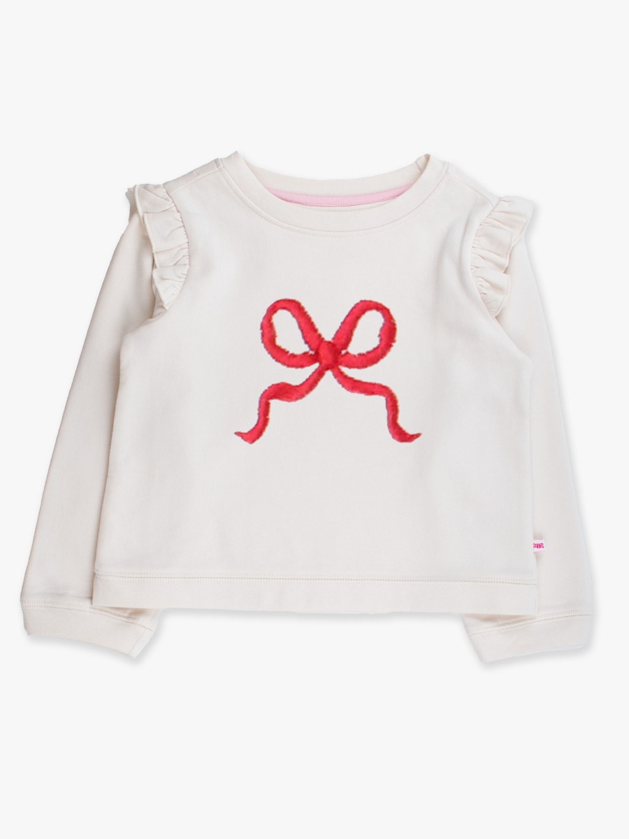 Line drawing of Red Bow Embroidered Ivory Flutter Sweatshirt. A dotted circle indicates the approximate location for personalization.