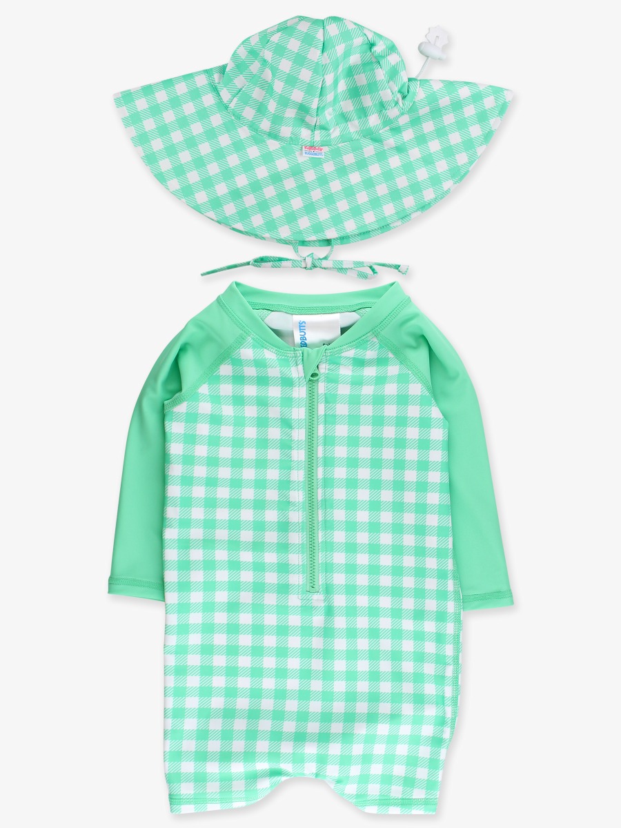 Line drawing of Spring Green Gingham LS 1P RG + Spring Green Swim Hat. A dotted circle indicates the approximate location for personalization.