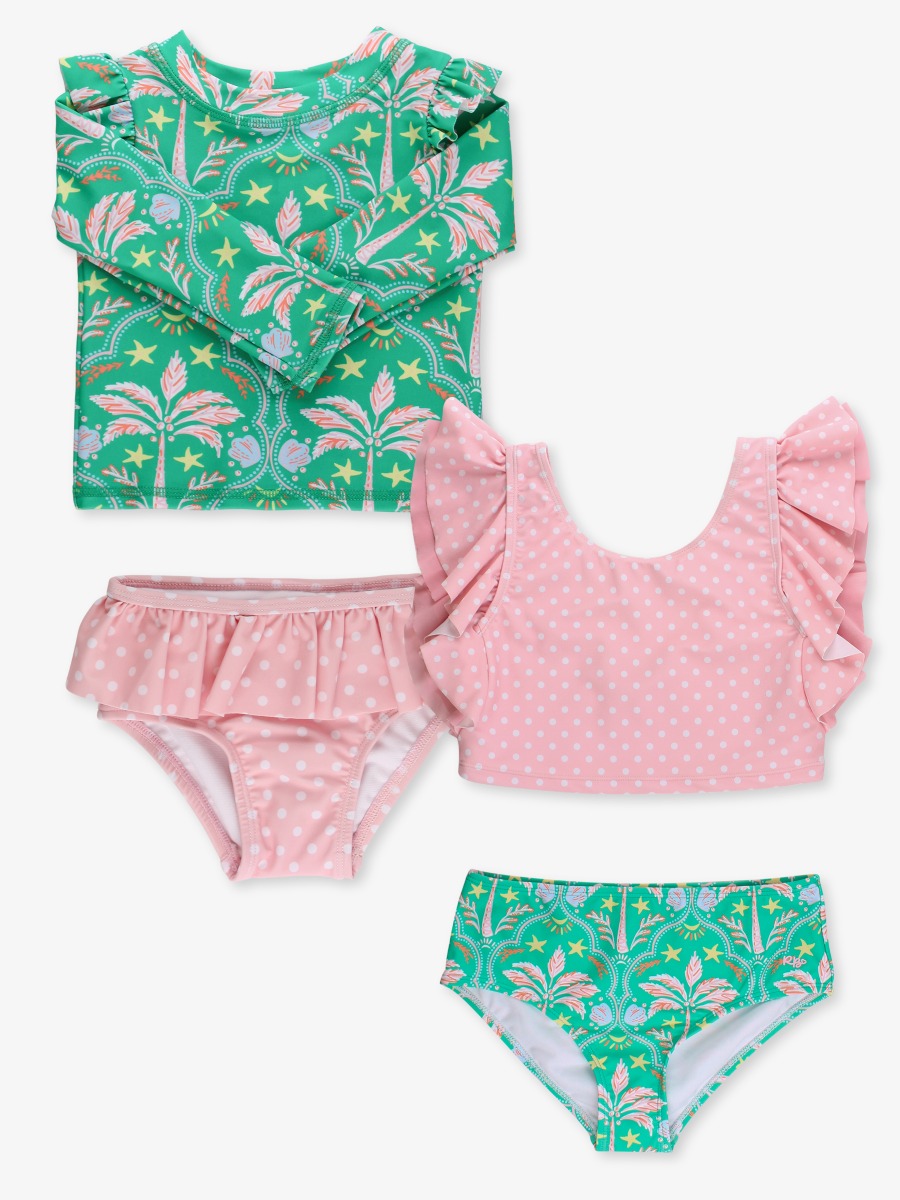Line drawing of a swimsuit. A dotted circle is placed on the front center of the swimsuit's chest area, indicating the approximate location for personalization.