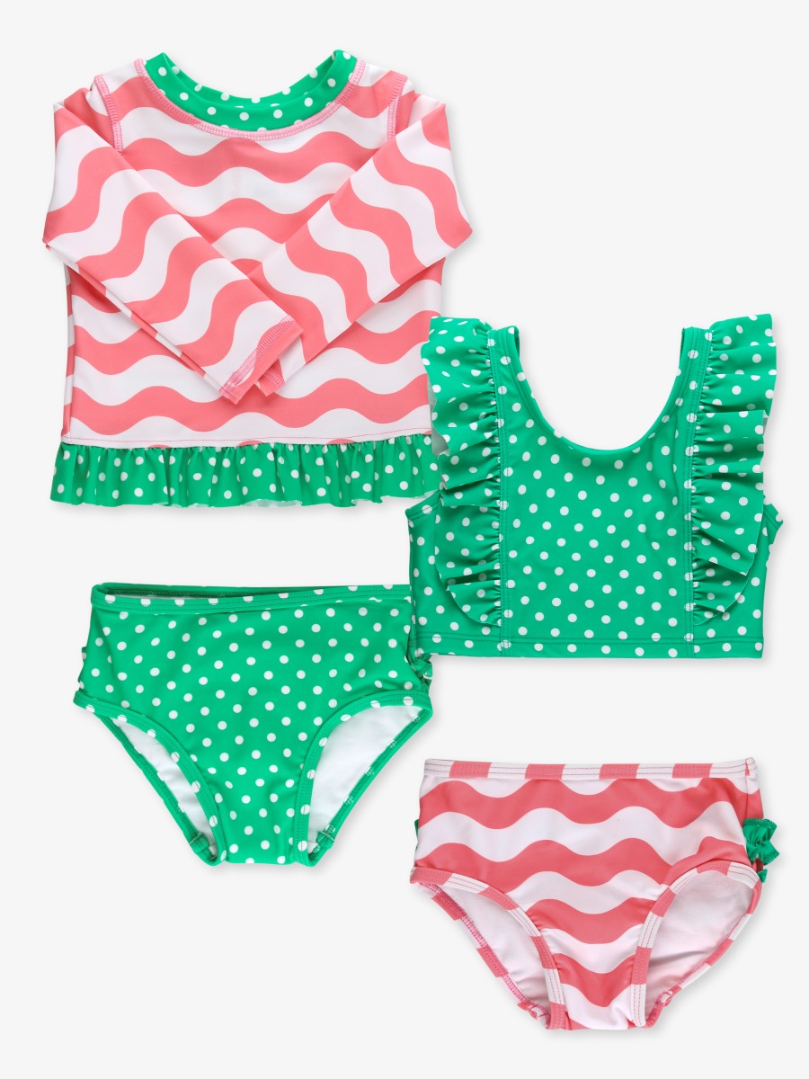 Line drawing of Bubblegum Pink Wavy Stripe 2-Piece + LS RG 2P. A dotted circle indicates the approximate location for personalization.