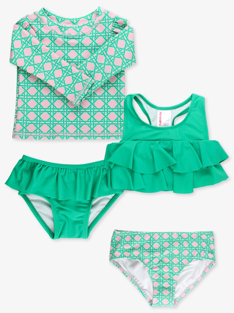 Line drawing of a swimsuit. A dotted circle is placed on the front center of the swimsuit's chest area, indicating the approximate location for personalization.