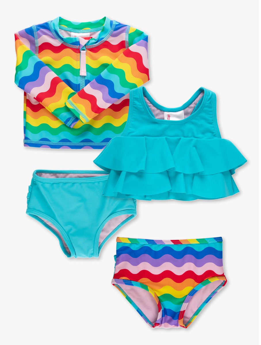 Line drawing of Rainbow Wavy Stripe LS Zipper RG 2P + Flounce 2P. A dotted circle indicates the approximate location for personalization.
