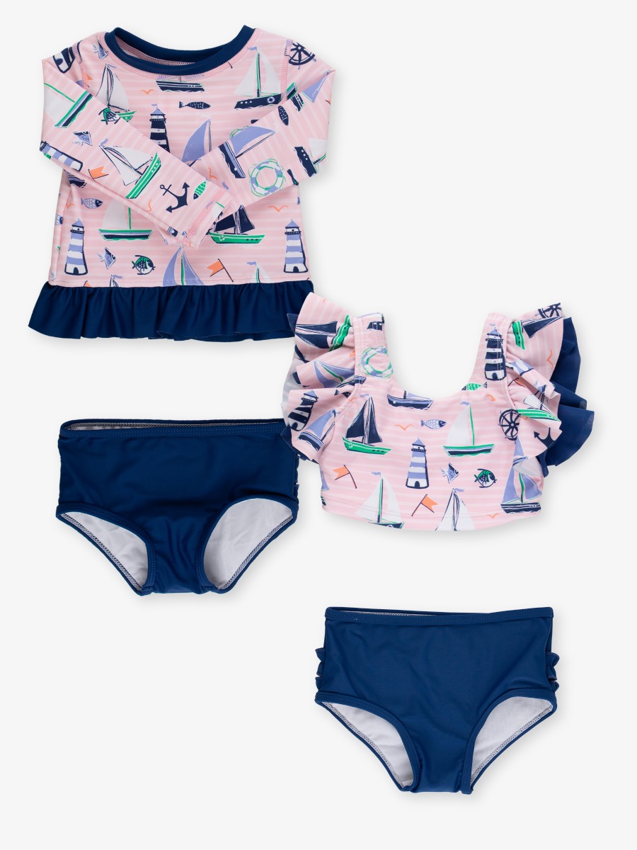 Line drawing of a swimsuit. A dotted circle is placed on the front center of the swimsuit's chest area, indicating the approximate location for personalization.