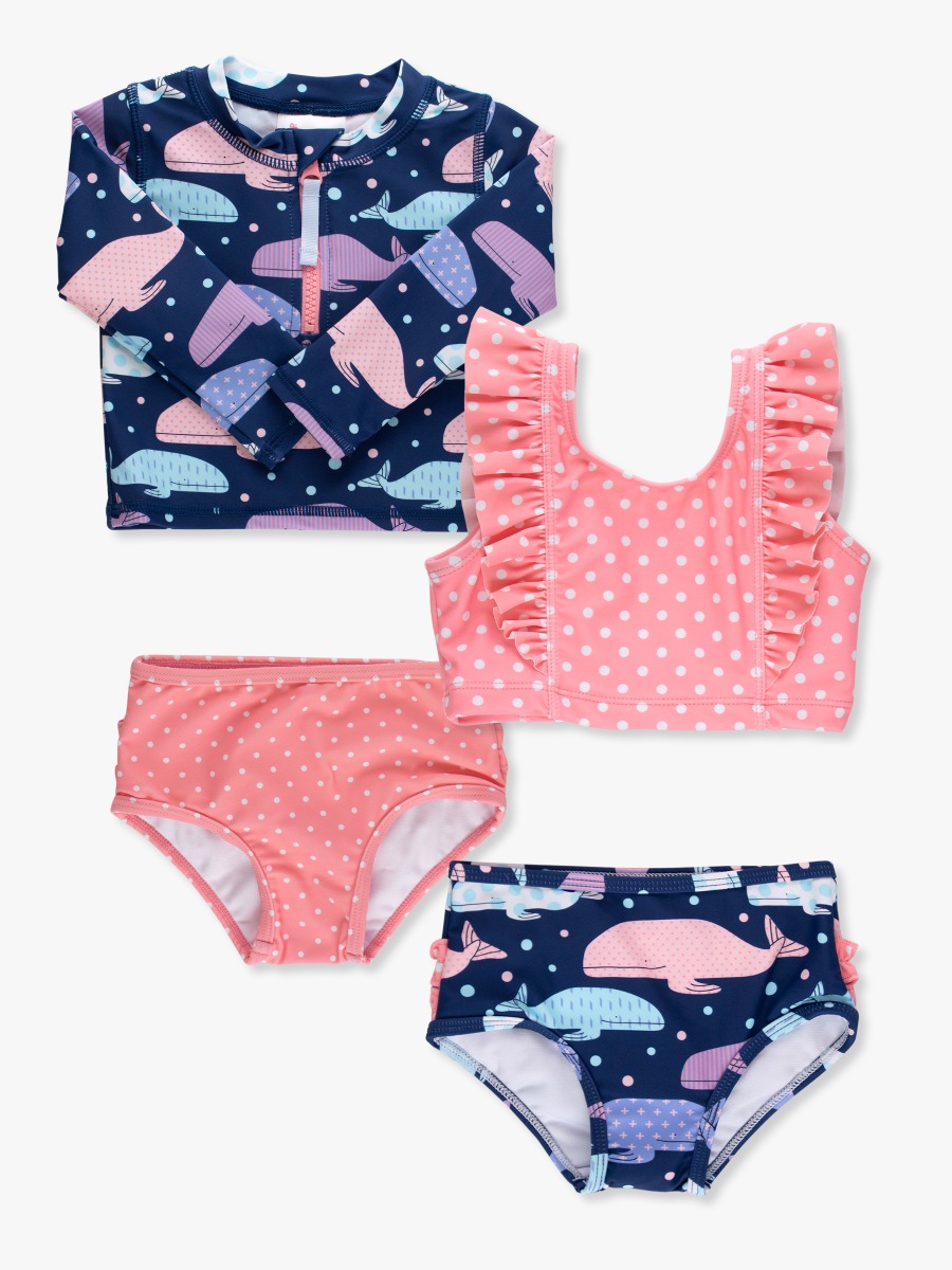 Line drawing of a swimsuit. A dotted circle is placed on the front center of the swimsuit's chest area, indicating the approximate location for personalization.