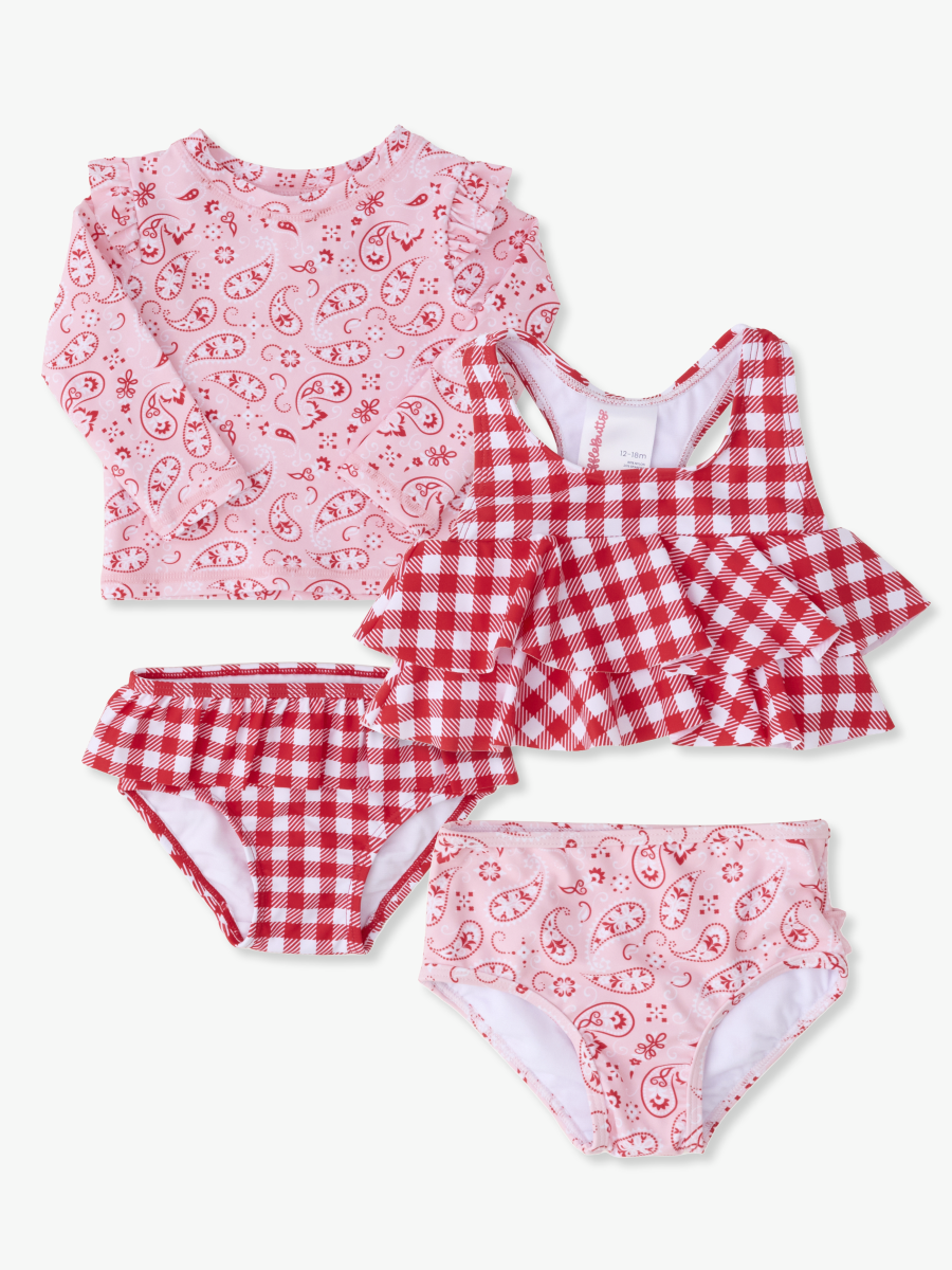 Line drawing of a swimsuit. A dotted circle is placed on the front center of the swimsuit's chest area, indicating the approximate location for personalization.
