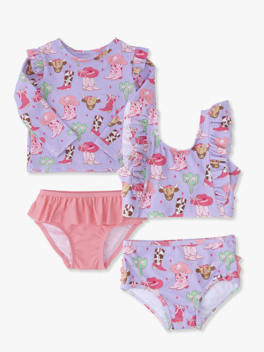 Line drawing of a swimsuit. A dotted circle is placed on the front center of the swimsuit's chest area, indicating the approximate location for personalization.