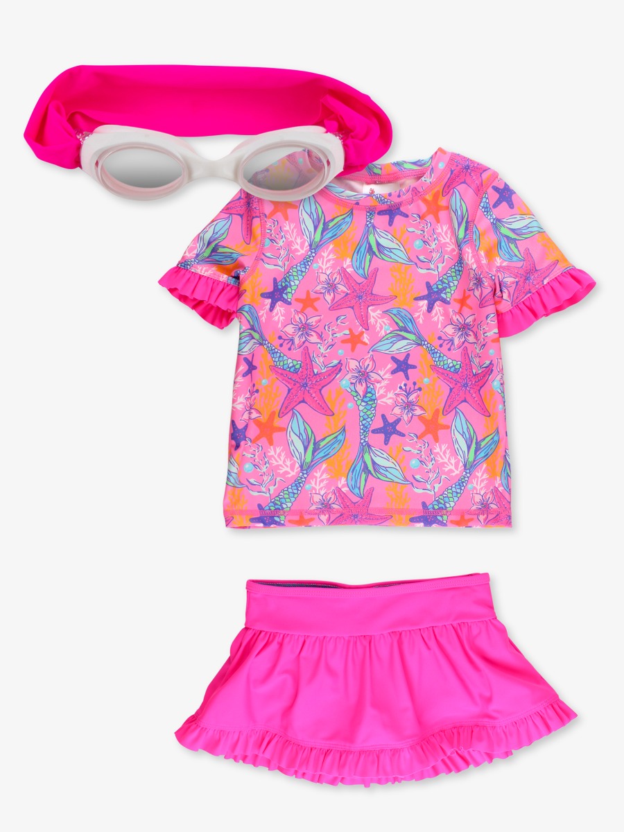 Line drawing of a swimsuit. A dotted circle is placed on the front center of the swimsuit's chest area, indicating the approximate location for personalization.
