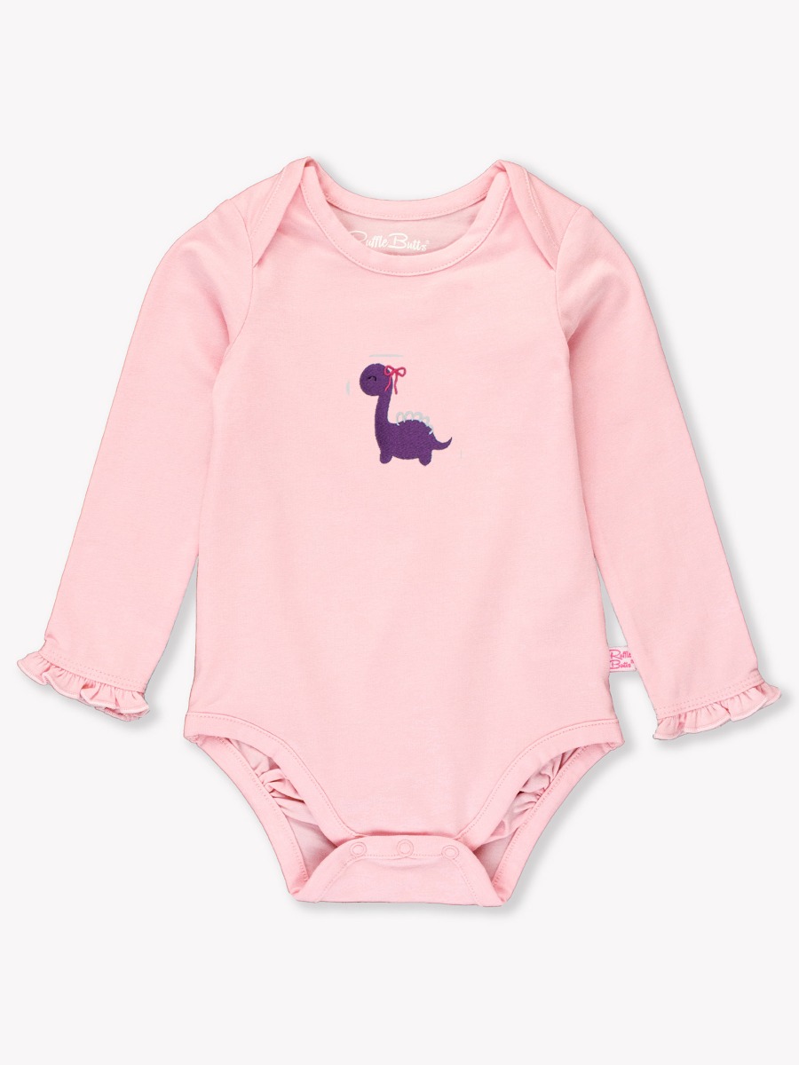 Line drawing of Purple Dino Embroidered Pink Knit Long Sleeve Ruffle Layering Bodysuit. A dotted circle indicates the approximate location for personalization.
