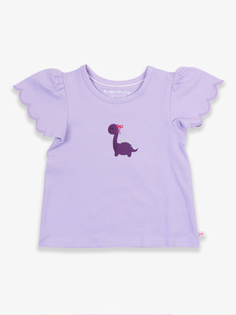 Line drawing of Purple Dino Embroidered Lavender Short Sleeve Scallop Tee. A dotted circle indicates the approximate location for personalization.