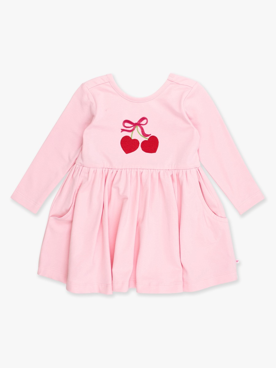 Line drawing of Heart Cherries Embroidered Pink Knit Long Sleeve Twirl Dress. A dotted circle indicates the approximate location for personalization.