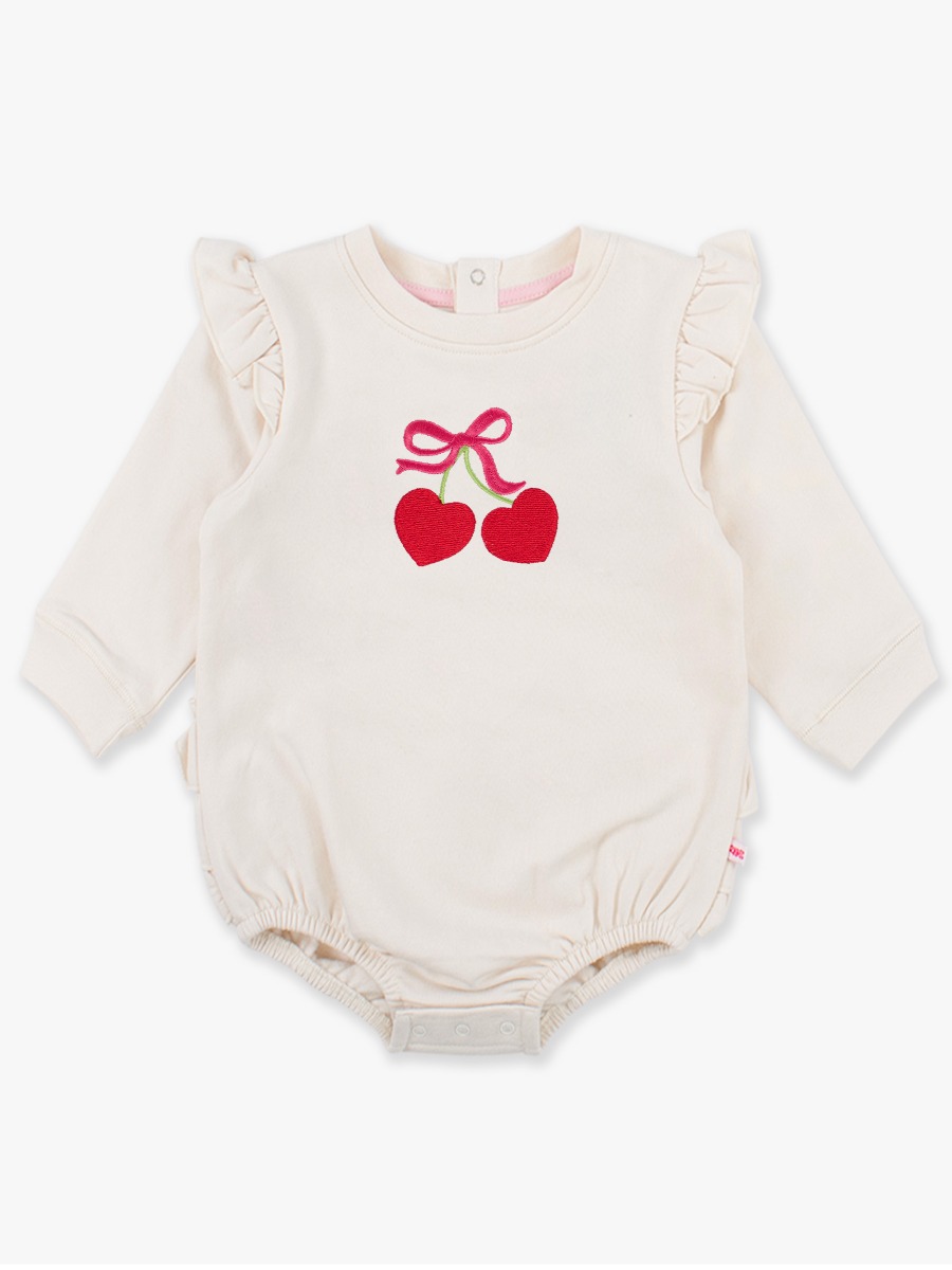 Line drawing of Heart Cherries Embroidered Ivory Sweatshirt Bubble Romper. A dotted circle indicates the approximate location for personalization.