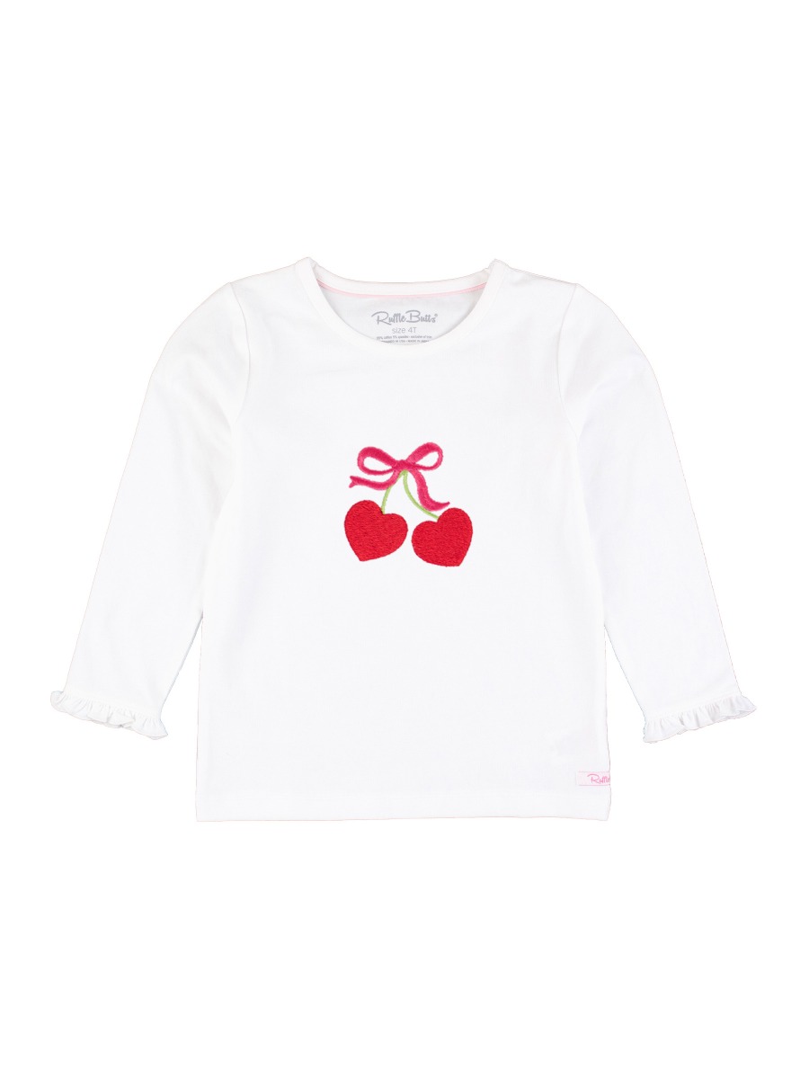 Line drawing of Heart Cherries Embroidered White Knit Long Sleeve Ruffle Layering Tee. A dotted circle indicates the approximate location for personalization.