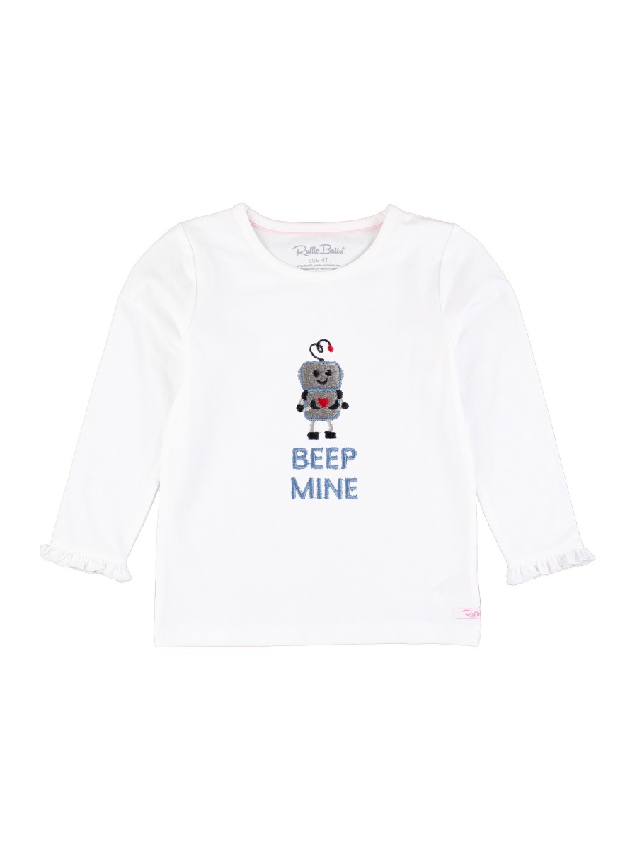 Line drawing of Beep Mine Embroidered White Knit Long Sleeve Ruffle Layering Tee. A dotted circle indicates the approximate location for personalization.