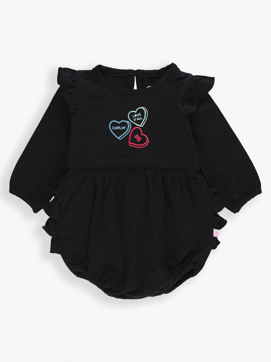 Line drawing of RB Sweet Hearts Embroidered Black Knit Long Sleeve Flutter Bubble Romper. A dotted circle indicates the approximate location for personalization.