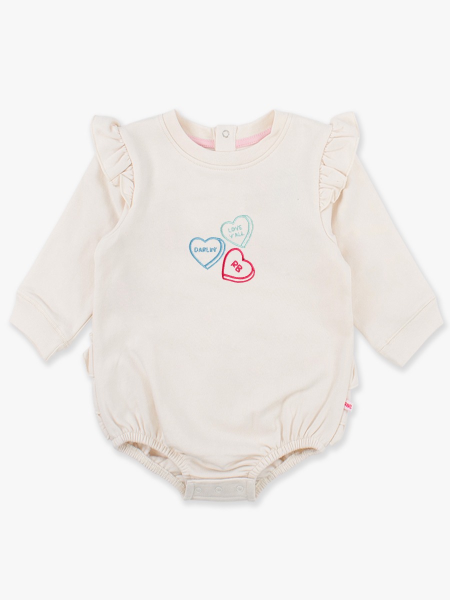 Line drawing of RB Sweet Hearts Embroidered Ivory Sweatshirt Bubble Romper. A dotted circle indicates the approximate location for personalization.